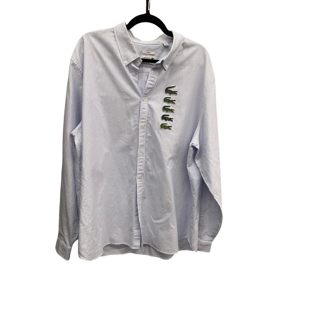 Lacoste Unisex XXL Blue White Pinstripe Multi Croc Logo Button Down Shirt Oxford